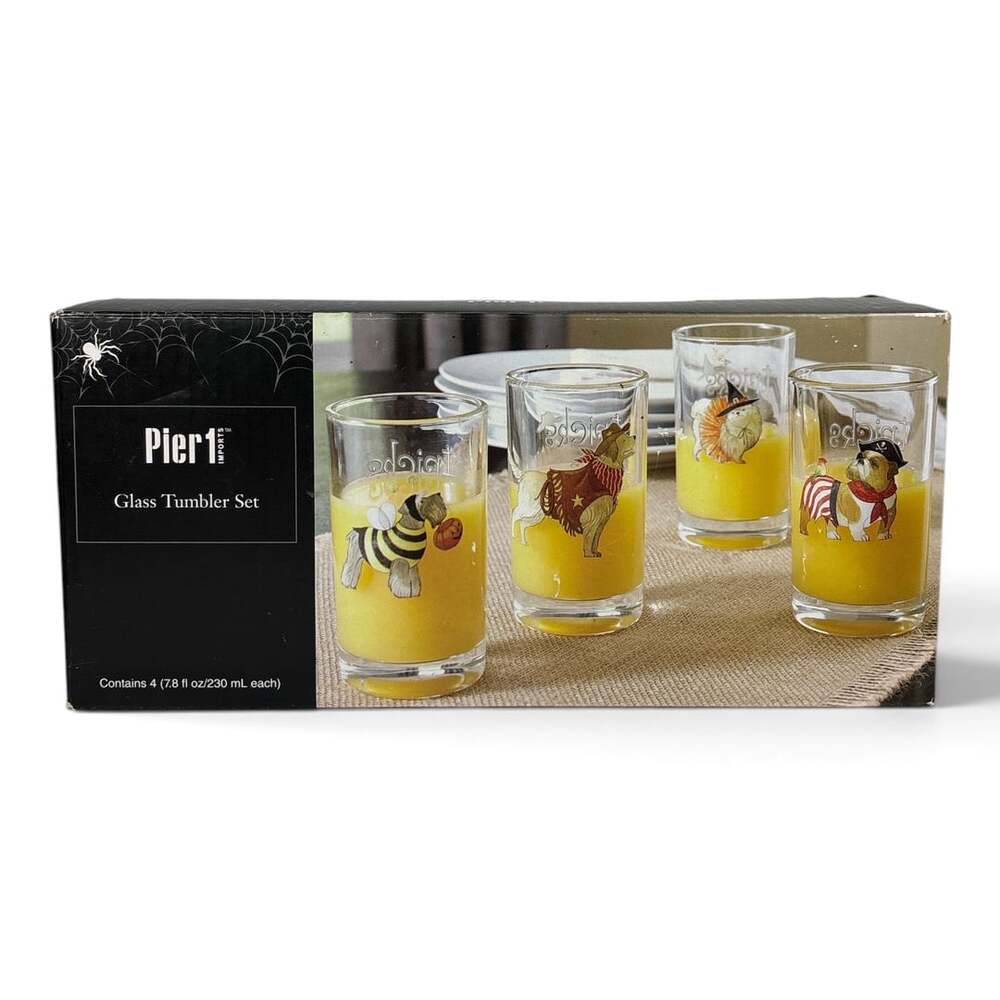 Pier 1 Imports Glass Tumbler Set Dogs Halloween Tricks For Treats 7.8 oz